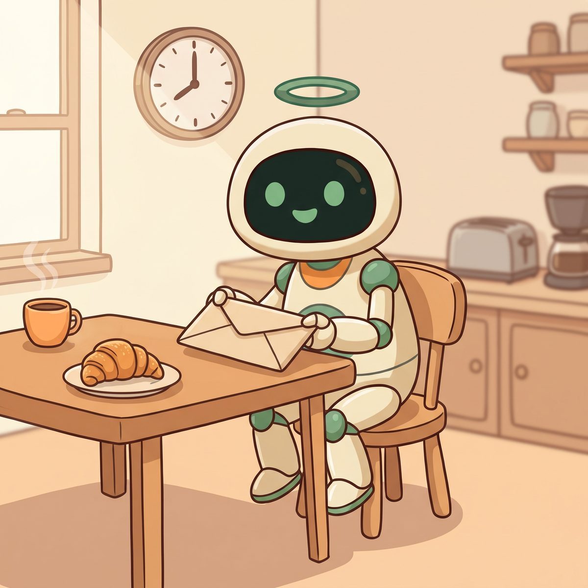 Arko, à la table du petit-déjeuner, tend une enveloppe, l'horloge marque huit heures